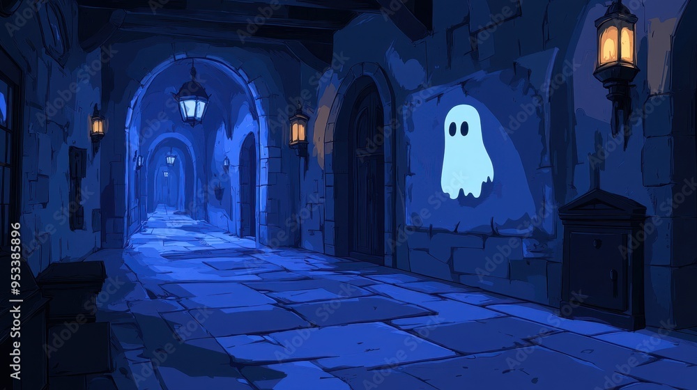 Poster spooky 16-bit haunted castle with ghost in empty corridor for copy space