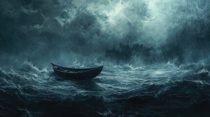 Obraz premium painting texture, boat, strong violent waves, small boat with paddle, spirituality, night, dark environment