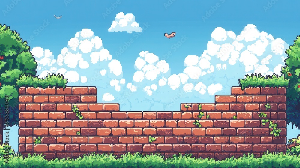 Poster nostalgic retro platform game with floating bricks and copy space background