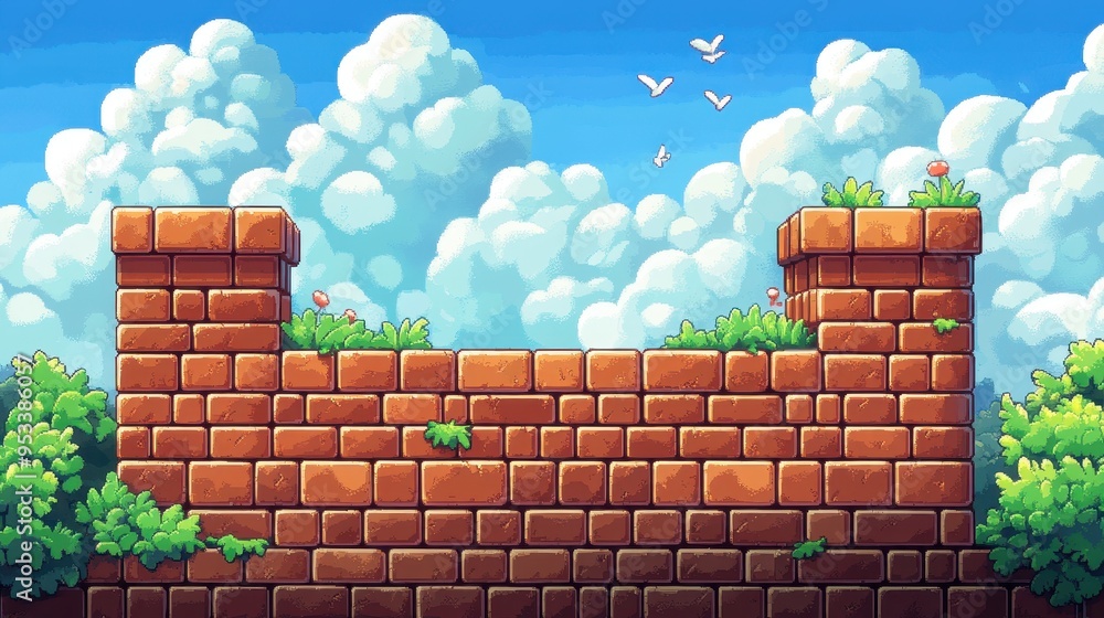 Poster nostalgic retro platform game with floating bricks and clear text background