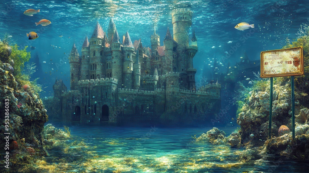 Aufkleber retro 16-bit underwater castle scene with pixel fish and copy space for text