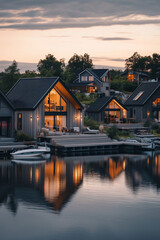 Obraz premium A cozy suburban Scandinavian village on a plateau at dusk in winter, with wooden homes partially buried in snow and A bright Scandinavian village in a meadow during midday in spring, Scandinavian town