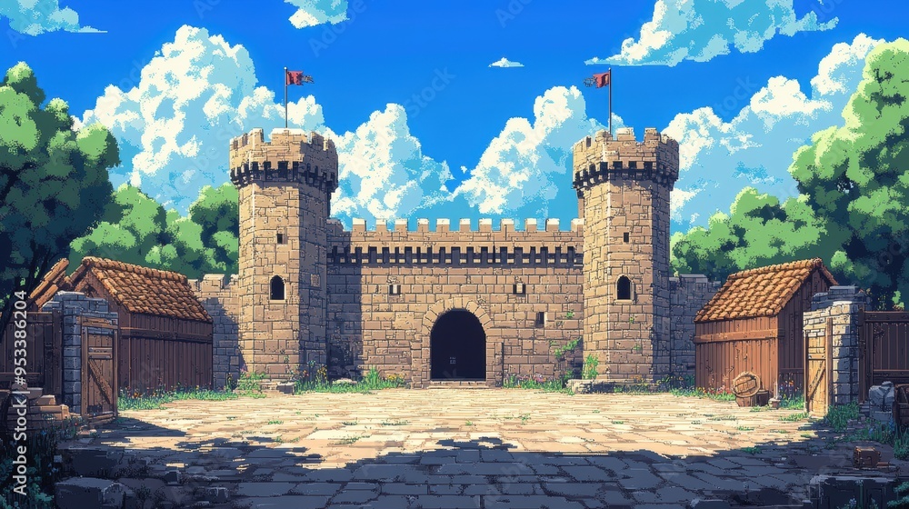 Poster retro 8-bit castle with pixel guards and empty courtyard for copy space