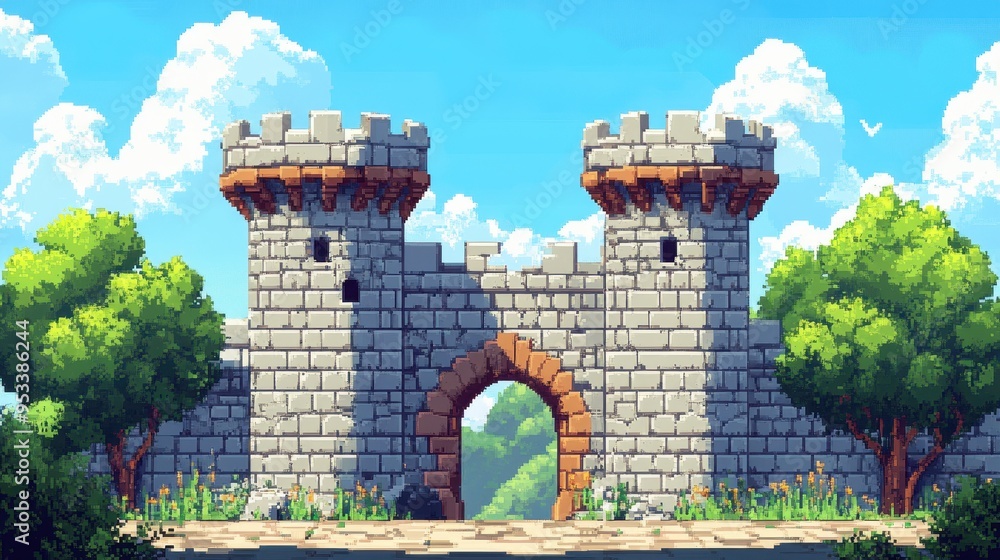Poster retro 8-bit castle scene with pixel guards and spacious copy space courtyard for text overlay