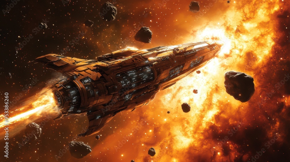 Poster retro spaceship battling asteroids - cosmic adventure in outer space with copy space for text