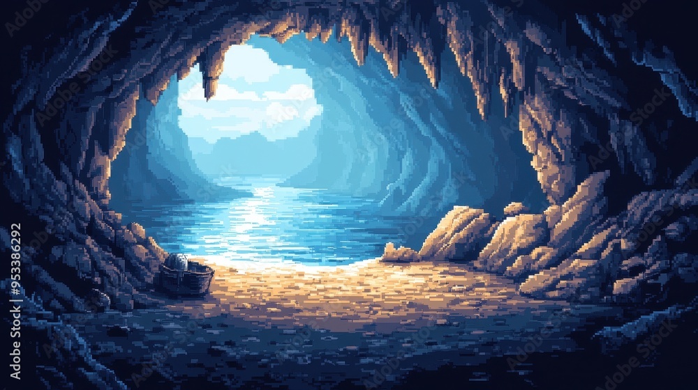 Poster pixelated treasure cave with copy space for text - retro 16-bit video game scene with hidden gems