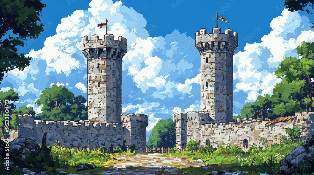 Poster retro 8-bit pixelated medieval fortress with copy space for text overlay