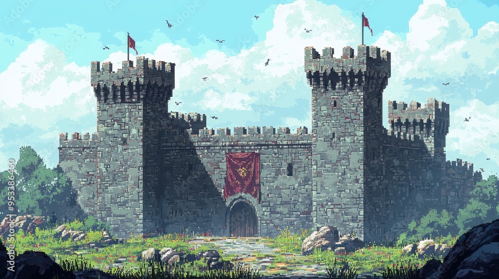 Aufkleber retro 8-bit pixelated medieval fortress with copy space in empty sky for design concepts