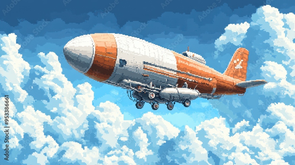 Poster retro 8-bit pixelated airship soaring in the sky with copy space clouds for text, nostalgic video ga