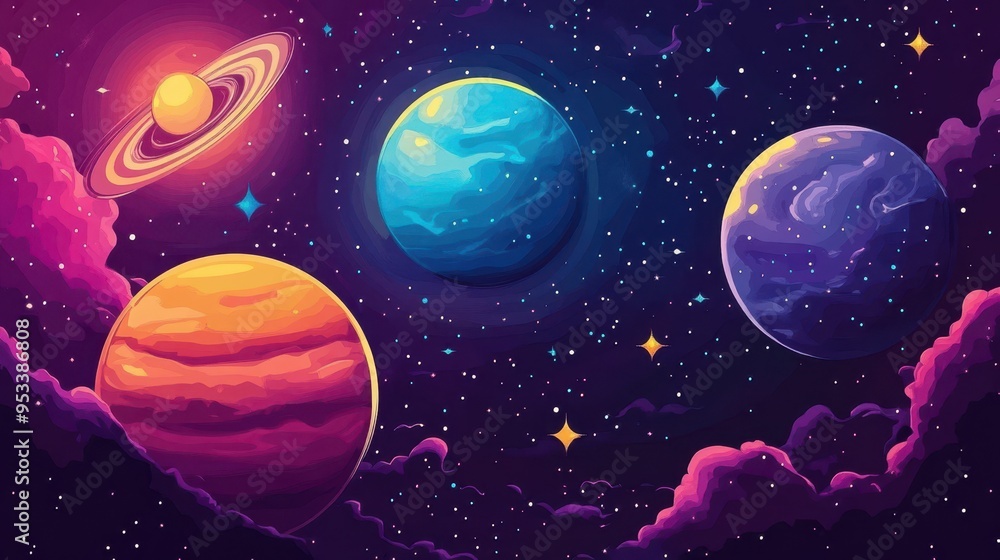 Poster digital abstract outer space background with pixelated planets and copy space for text