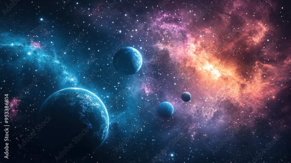 Poster futuristic pixelated outer space background with planets and copy space for text