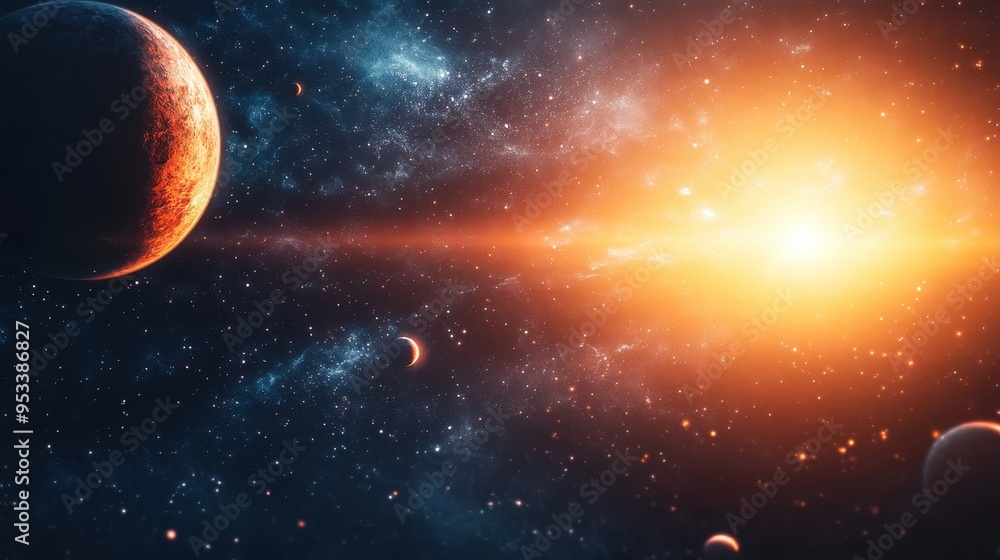Poster cosmic pixelation - abstract space background with planets and copyspace for text overlay