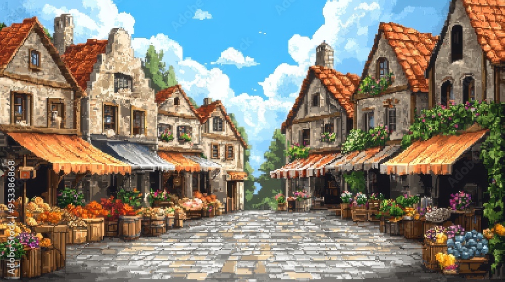 Poster retro pixelated town square with market stalls and copy space for text in 8-bit style