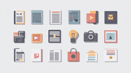Modern Flat Vector Icon Set for News App with Newspaper, Magazine, and Blog Icons
