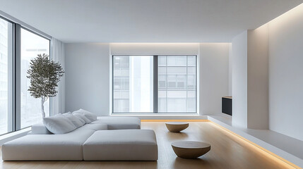 Living room and sofa in modern, clean and beautiful minimalist interior, Generative AI