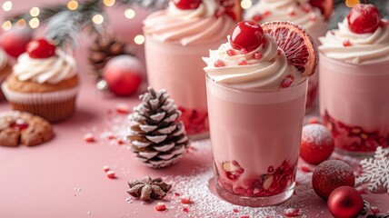 A lively and energetic pattern of hot pink festive drinks like hot cocoa and cocktails, along with holiday treats like cupcakes and cookies