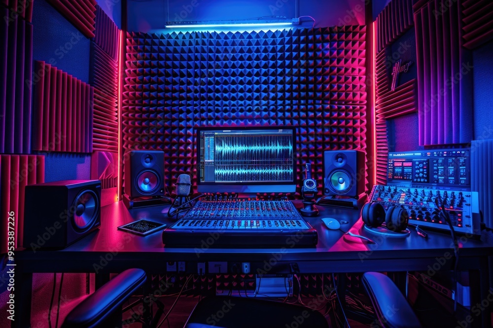 Poster a modern recording studio setup with a computer and speakers
