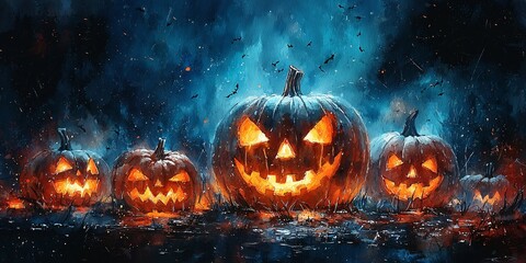 Naklejka premium Vibrant watercolor Halloween background featuring spooky pumpkins, perfect for Halloween events, parties, decorations, and marketing materials with copy space.