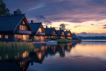 Fototapeta premium A cozy suburban Scandinavian village on a plateau at dusk in winter, with wooden homes partially buried in snow and A bright Scandinavian village in a meadow during midday in spring, Scandinavian town