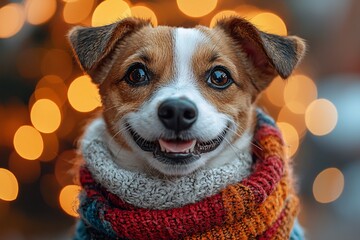 A joyful dog wrapped in a cozy scarf surrounded by festive lights, perfect for Halloween promotions and designs with copy space.