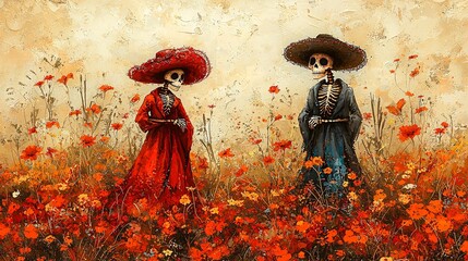 Fototapeta premium Vibrant Dia de Muertos scene with skeletons in colorful attire surrounded by flowers, perfect for Halloween-themed decor and celebrations, with copy space.