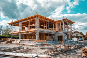 Obraz premium A house under construction on a cloudy day with blue sky and white clouds