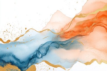 Modern Abstract Terracotta and Blue Watercolor Illustration with Gold Elements on White Background - Set of Prints for Wall Art, Logo, Poster, and Business Card Design