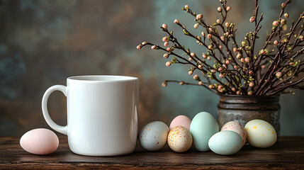 White mug with pastel Easter eggs and spring branches on wooden table.