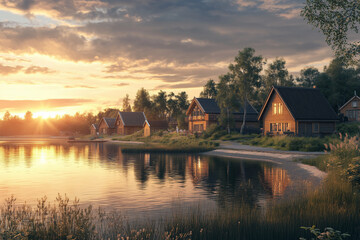 Fototapeta premium A cozy suburban Scandinavian village on a plateau at dusk in winter, with wooden homes partially buried in snow and A bright Scandinavian village in a meadow during midday in spring, Scandinavian town