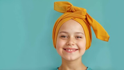 Smiling child cancer patient wearing yellow head scarf on blue background, Childhood Cancer Awareness Month, copy space banner	