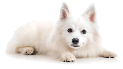 Obraz premium A fluffy white dog lying down calmly against a white background, symbolizing tranquility, comfort, and the joy of companionship. 