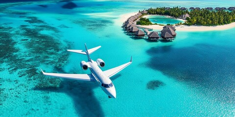 Naklejka premium A private jet flies over an idyllic tropical island.