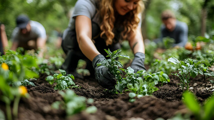 Woman planting seedlings in a garden.
