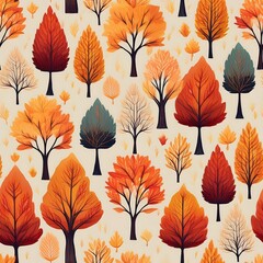 Fototapeta premium Vintage Autumn Trees Pattern - colorful autumn tree pattern background. Retro muted green and brown colors. Graphic art illustration card