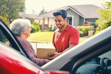 Middle-aged delivery driver handing package to senior woman.