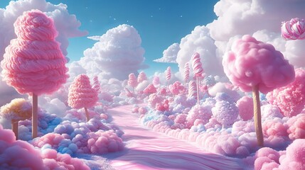 Sweet Dreams in Cotton Candy Land - Cartoon Illustration of Whimsical Fantasy World with Sugary Delights