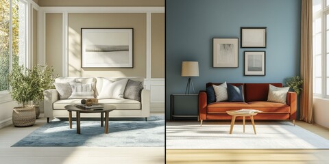 Fototapeta premium Two living rooms with couches, rugs, and art.