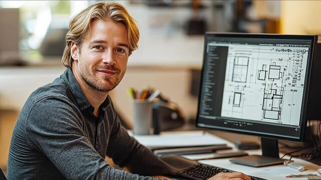 Architect drawing a project in front of a computer monitor