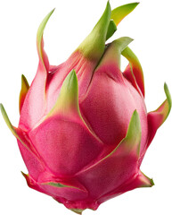 A vibrant dragon fruit showcasing its unique pink skin and green leafy tips, perfect for healthy recipes and exotic fruit displays.