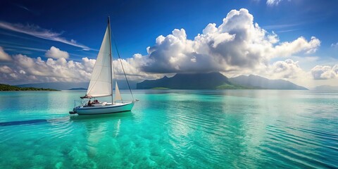 Fototapeta premium Serene sailing boat glides smoothly across calm turquoise waters, its white sails billowing in the gentle breeze, with a faint misty coastline in the background.