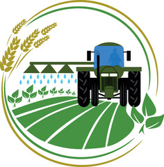 Tractor watering, plants and fertilizing field isolated icon. Agriculture sign.  Symbol for design, logo. Vector illustration.
Agricultural production logo with a silhouette icon of a tractor watering