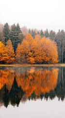 Obraz premium Golden Hues Mirrored: An Autumnal Lake Reflects the Beauty of Fall