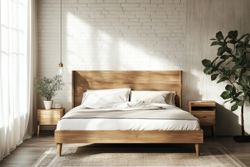 Minimalist bedroom with a wooden bed, white walls, and a brown rug