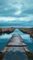 Obraz premium A weathered bridge leads towards a calm, reflective river under a vast, blue sky. Tranquility and a sense of solitude permeate the scene.