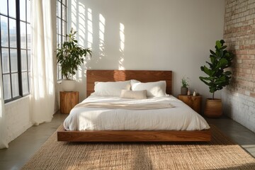 Minimalist bedroom with a wooden bed, white walls, and a brown rug