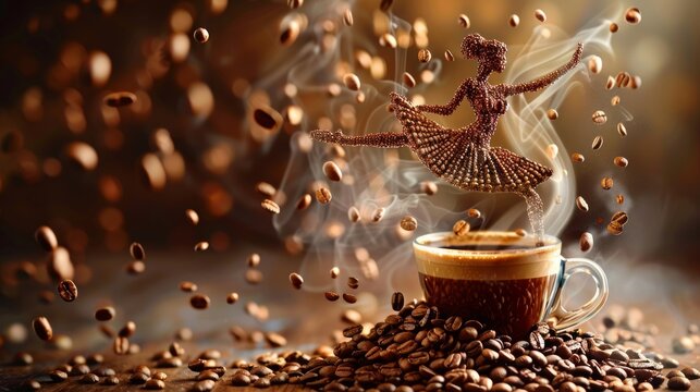 Coffee cup art featuring a graceful dancer formed from coffee beans and steam in a cozy coffee shop setting
