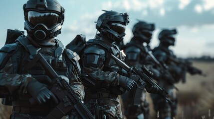 Military personnel wearing gas masks during training or operation