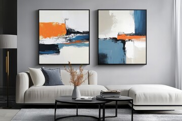 Modern abstract painting set of paintings, in beige tones with navy blue and orange accents