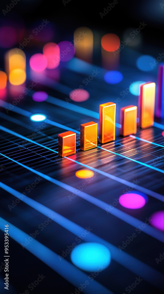 Poster vibrant abstract visualization of data represented through colorful bar graphs and glowing lights on