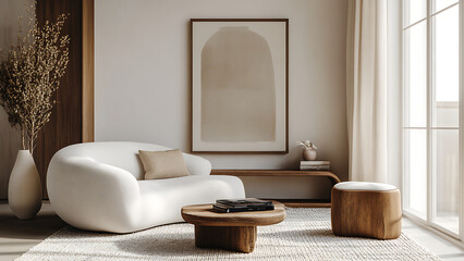 Interior design of modern living room with accent white armchair and frame on wall,White sofa and accent coffee table against arch wall,japandi interior design of modern living room, Minimalist, Ai